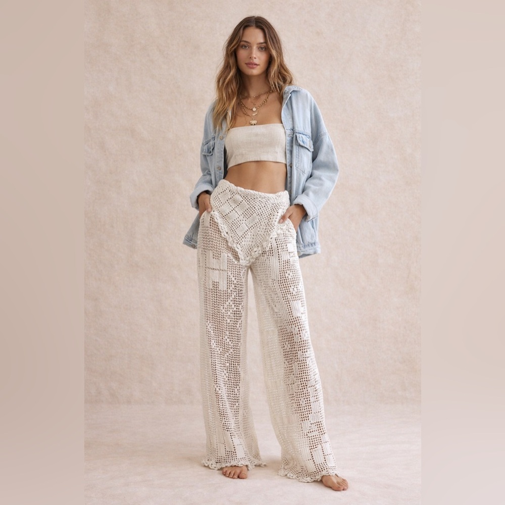 Elegant White  Crochet Wide Leg Pants